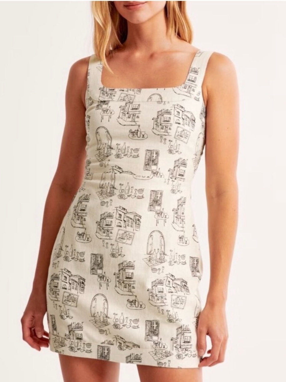 Abercrombie & Fitch Cream Mini Dress with Black Sketch Print